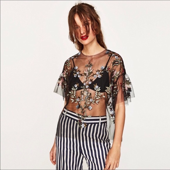 Zara Tops - Zara Sheer Embroidered Top